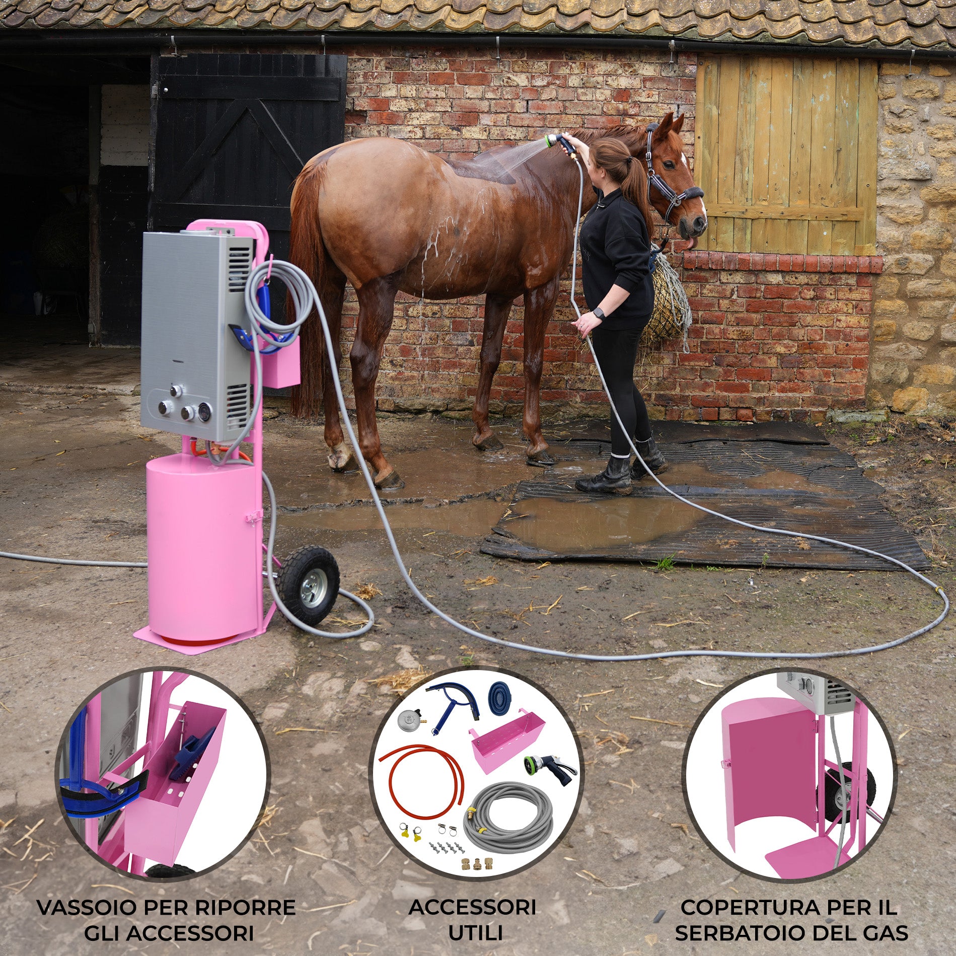 Q-Rax Doccia Cavalli Portatile Rosa Trolley 18L