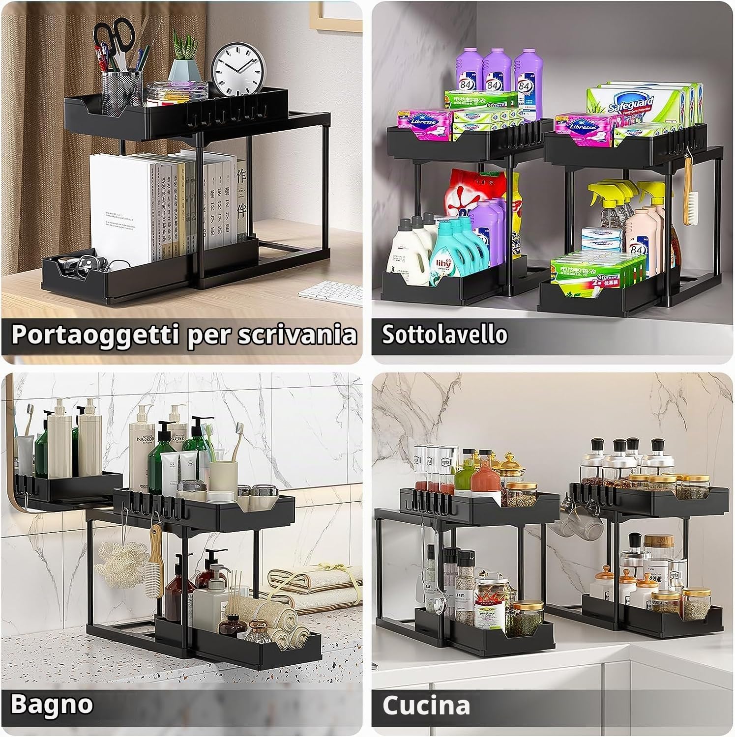 Meltrck Organizer Sottolavello 2 Pezzi Nero 2 Livelli con Ganci