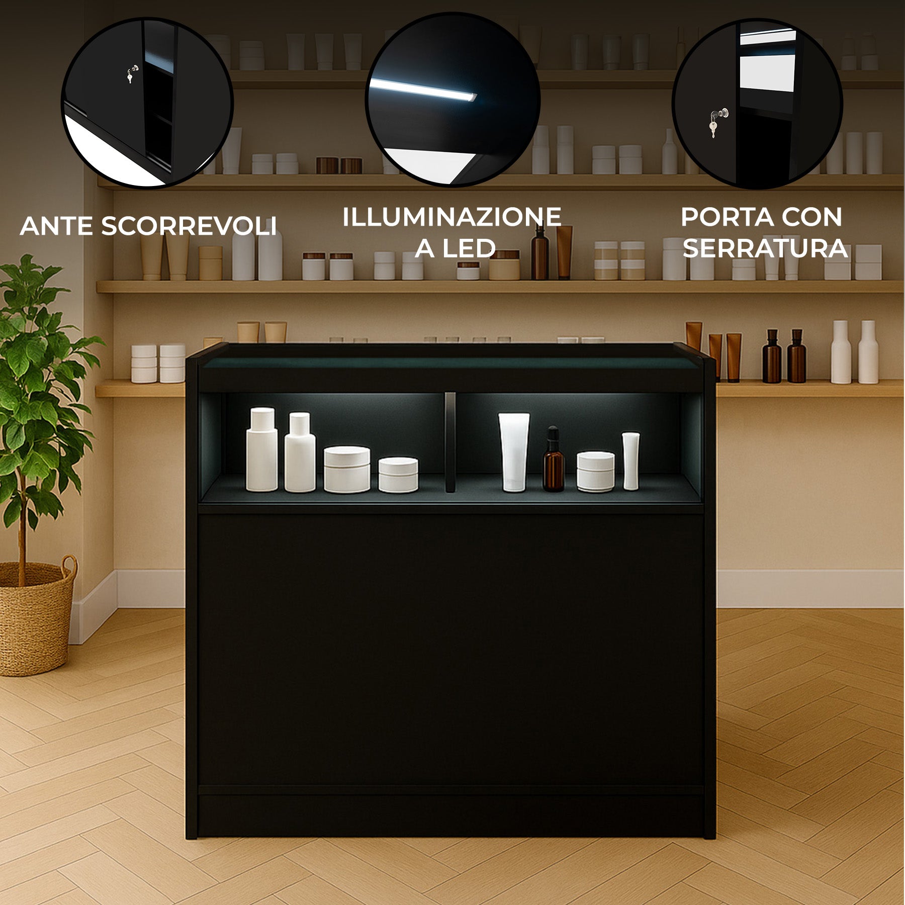 Q-Rax B900 Bancone Negozio LED Nero con Vetro e Serratura