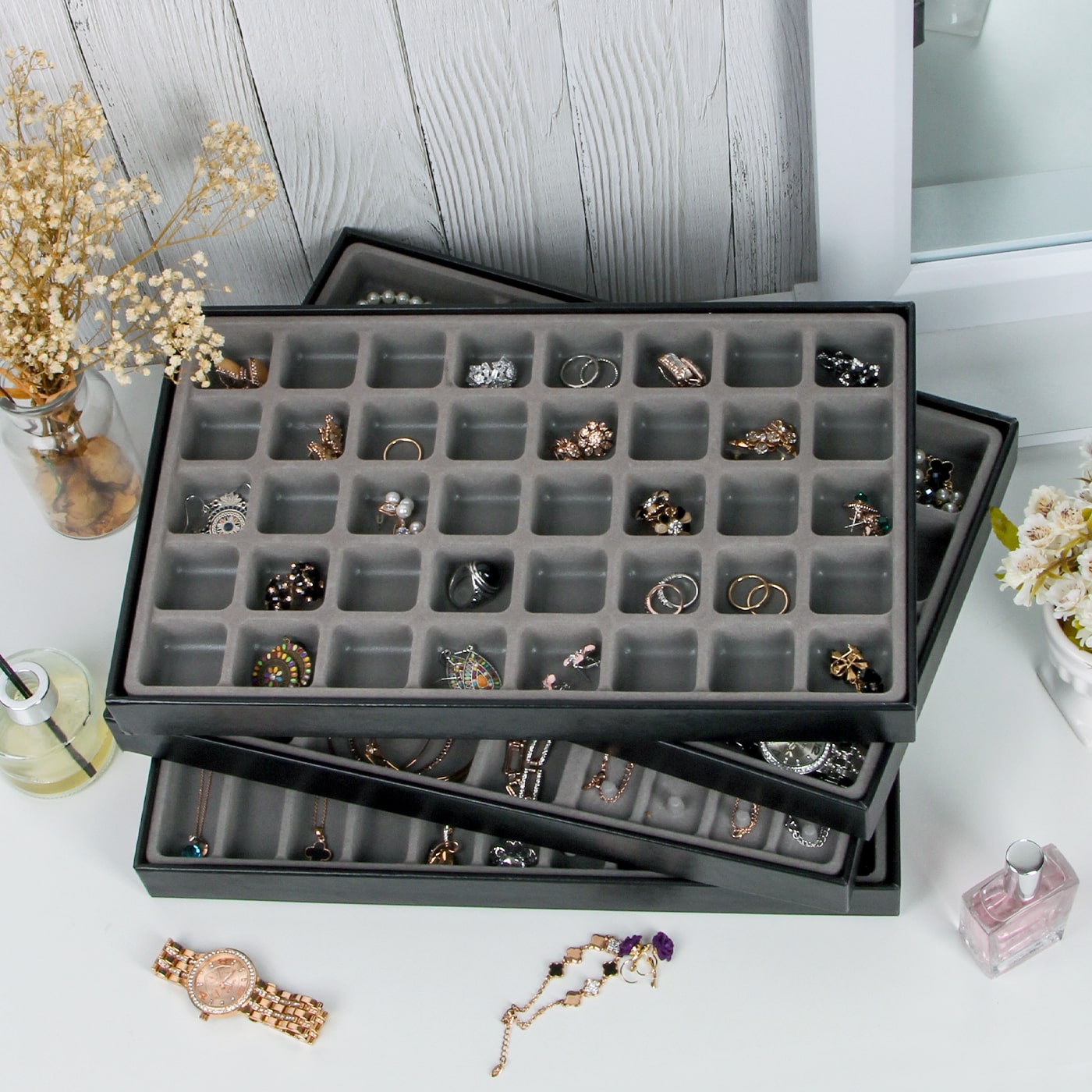 Jackcube Design Vassoi Portagioie Pelle Nera Set 4 Pezzi Impilabili