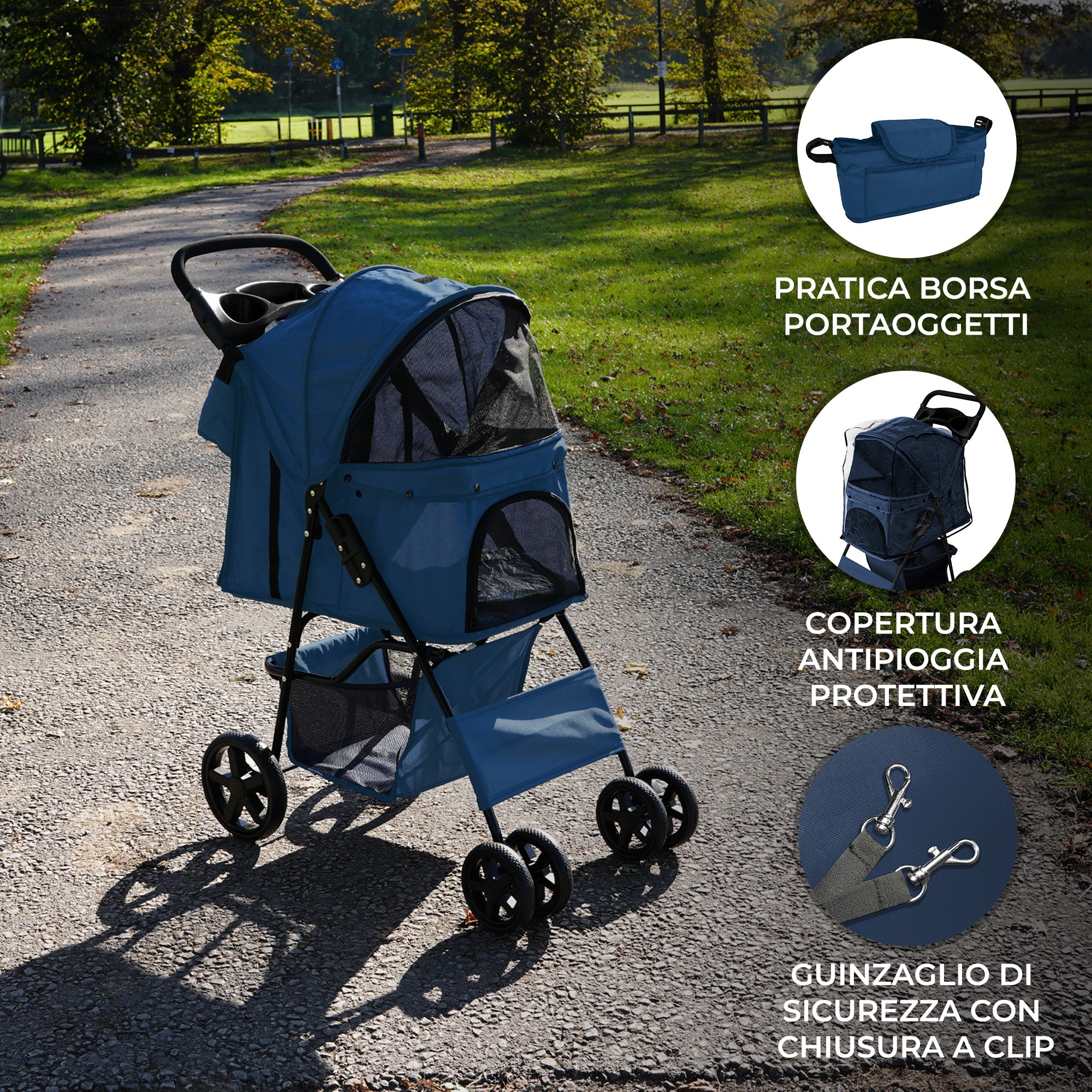 Q-Rax Passeggino Animali Blu Navy 15kg con Borsa