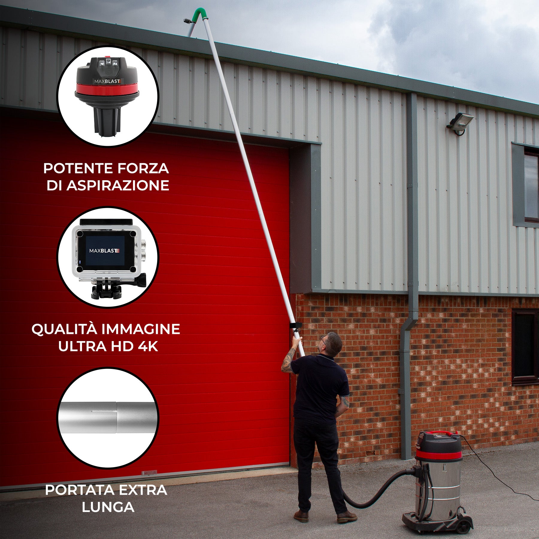 Q-Rax Aspiratore 80L Umido Secco con Aste 7,2 m e Camera 4K