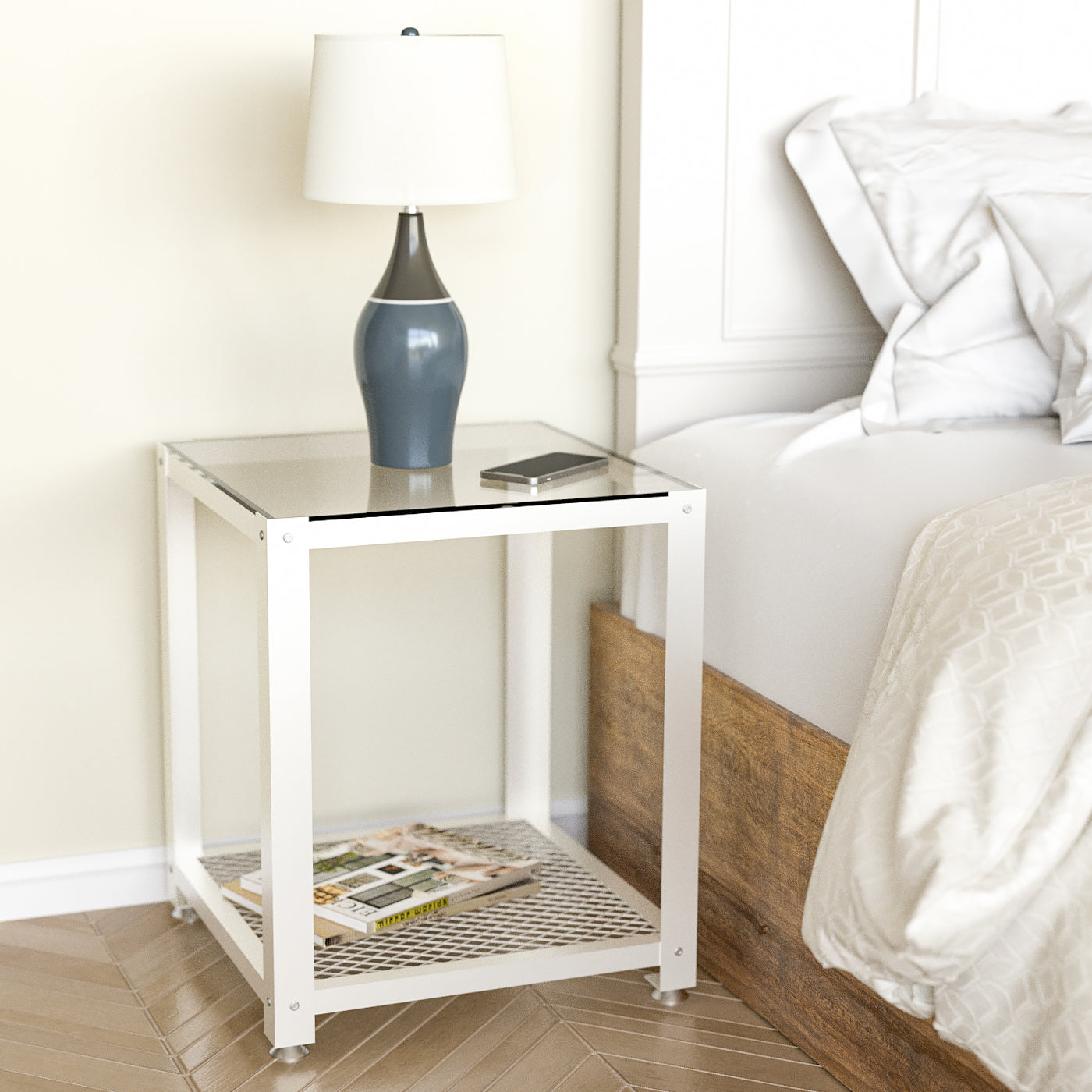 Jackcube Design Living Room Tavolino Quadrato Bianco Vetro 2 Ripiani
